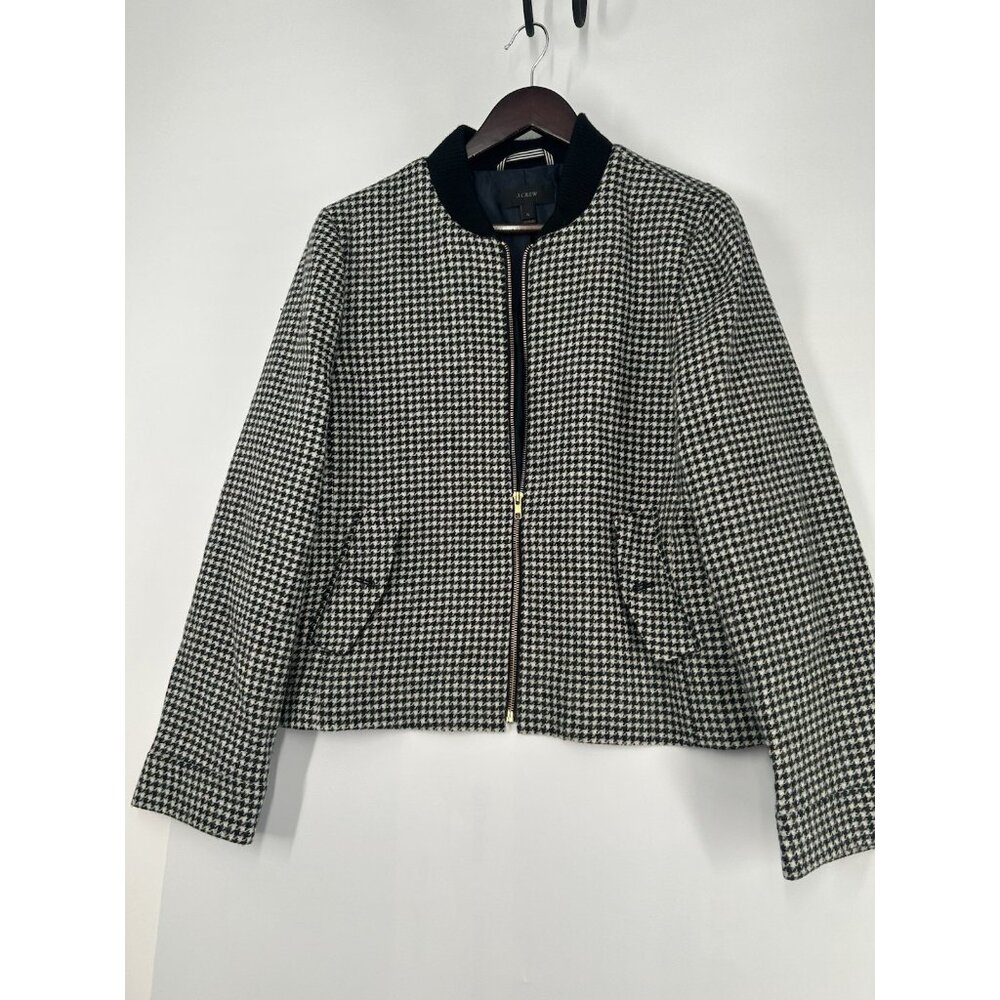 J.Crew Size XL 100% Wool  Classic Houndstooth Bomber Blazer Jacket Black White